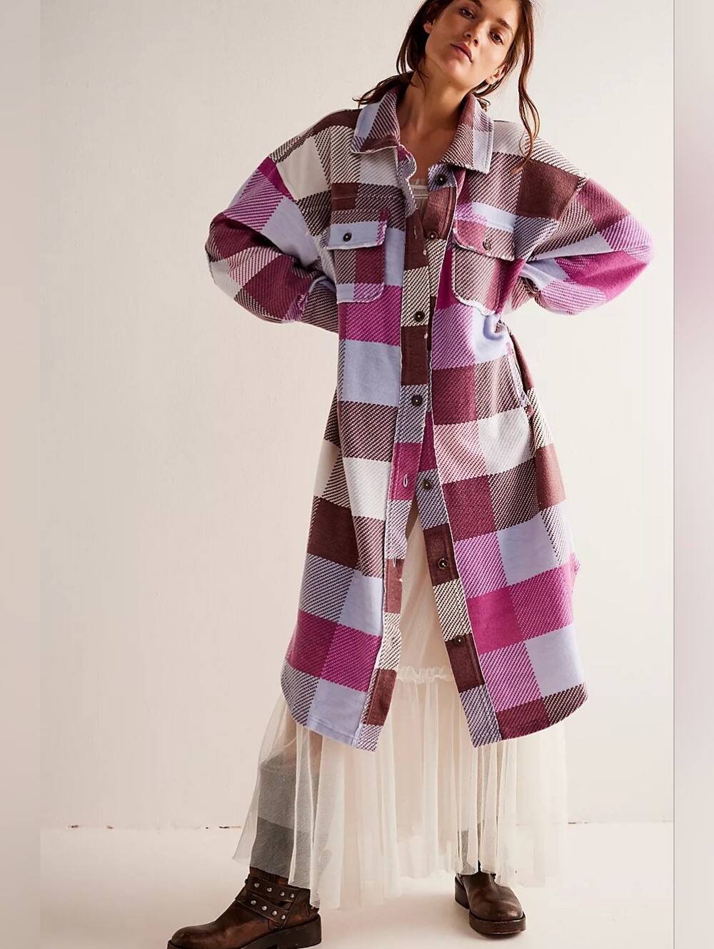 We The Free Ruby Jacket, Plaid Long Shacket, Blue, Mauve & Chocolate, M